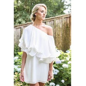 Badgley Mischka Crinkle Tiered One-Shoulder White Dress White